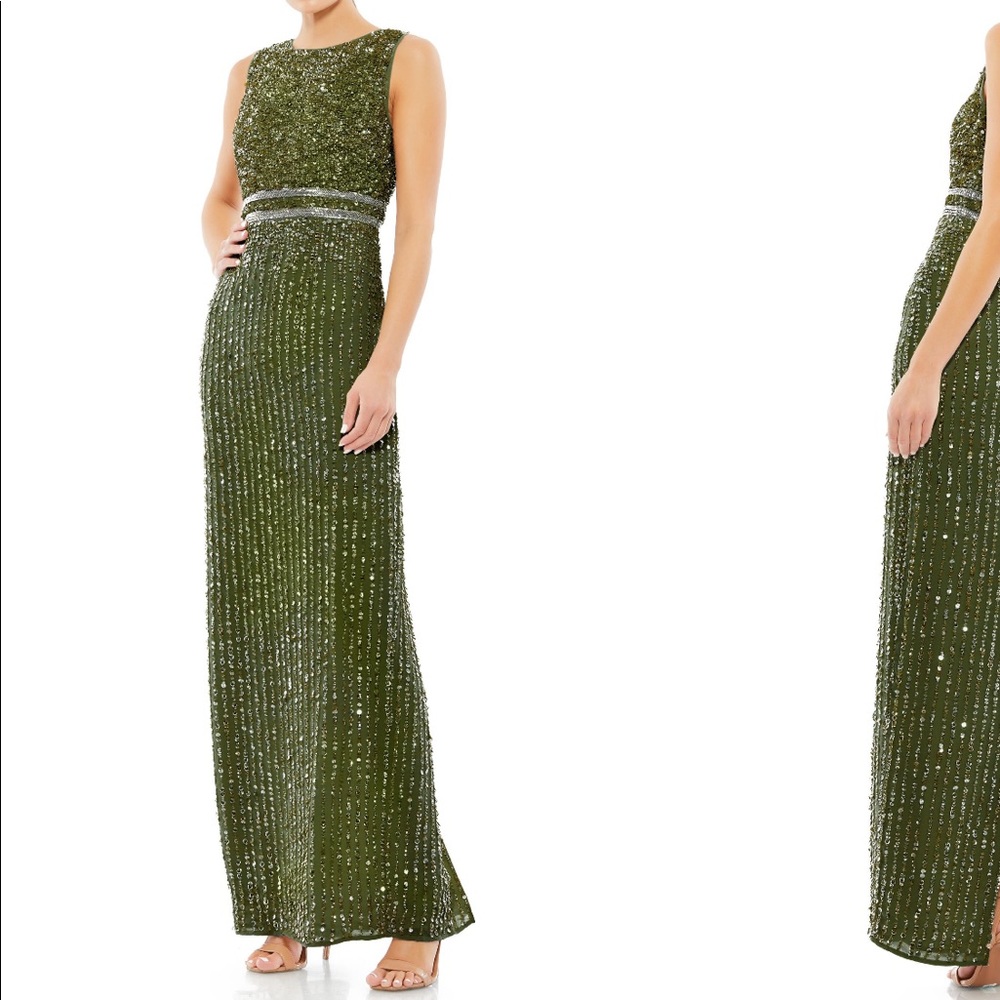 Mac Duggal Olive Sequin Mesh Column Gown